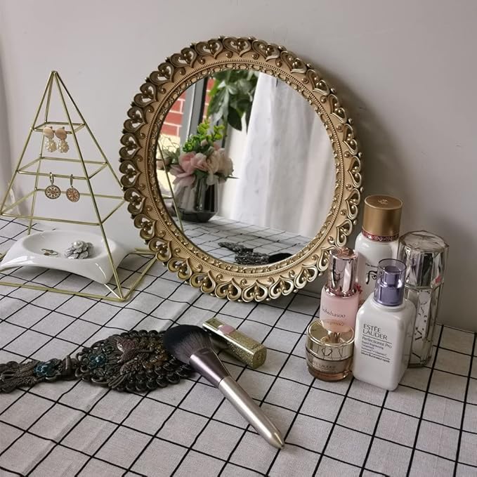 YANIZU Decorative Mirror Tray, Round Hollowed Out Design, Organizer for Makeup, Jewelry, Perfume, Vintage Display and Serving Tray for Dresser, Counter and Coffee Table, 12inchesX 12inches, Gold
