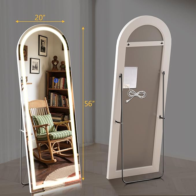 Arch Full Length Standing Mirror with LED Lights, 56"x20" Lighted Mirror with Dimming & 3 Color Lighting, Tall Mirror Full Body for Bedroom, Dressing Room