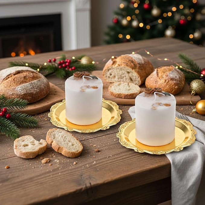 2 PCS Gold Pillar Candle Holder Decor, 5.9 Inch Round Metal Carved Candle Tray, Pillar Candles Plates Stand Decorative for Scented Ball Flameless Candles LED Coffee Table Wedding Party Home