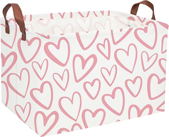 Essme Rectangular Pink Baskets Girls Storage Box,Cute Heart Storage Bins Organizer with Handles for Girls Room Decor,Easter Basket,Shelf Basket,Toy Organizer(Pink Love)