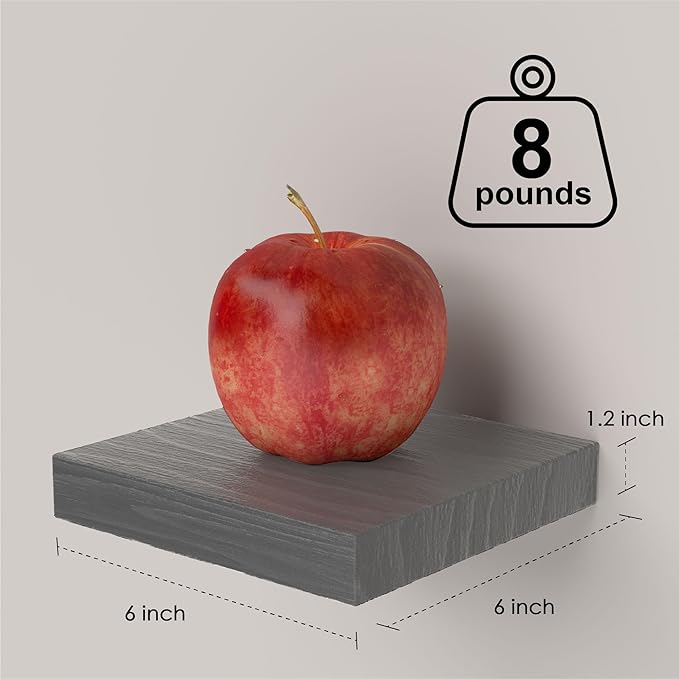 PopiShelves Small Floating Shelves for Wall - 6 Inch Mini Square Grey Shelves for Bedroom, Living Room, Bathroom, Kitchen, Office Decor Set of 3