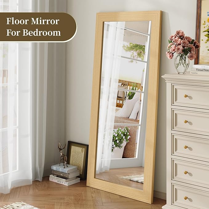 Syndra Modern Full Length Mirror Wood Frame, 65x24'' Large Floor Mirror with HD Tempered Glass & Wall Mount Option, Rectangular Standing Mirror for Bedroom, Living Room, Entryway, Farmhouse(Natural)
