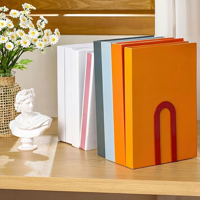 Chunful 12 Pcs Modern Metal Book Ends for Shelves Decorative Small Bookends Book Shelf Organizer Minimalist Design Stopper to Hold Books for Home Office (Red,5.5 * 3.75 * 2.25inch)