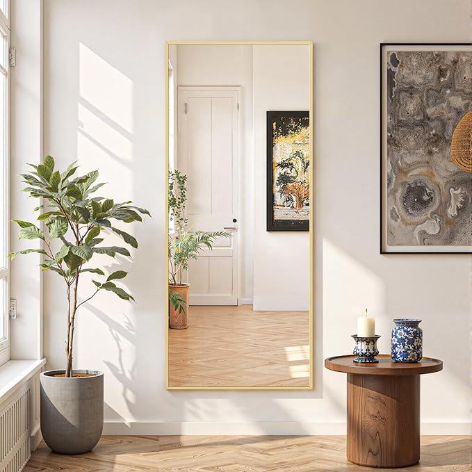 Mirror Full Length 56"x21" Full Body Floor Mirror with Stand, Shatterproof Glass, Aluminum Alloy Frame, Free Standing Wall Mounted or Leaning Rectangle Mirrors for Bedroom Living Room Entryway