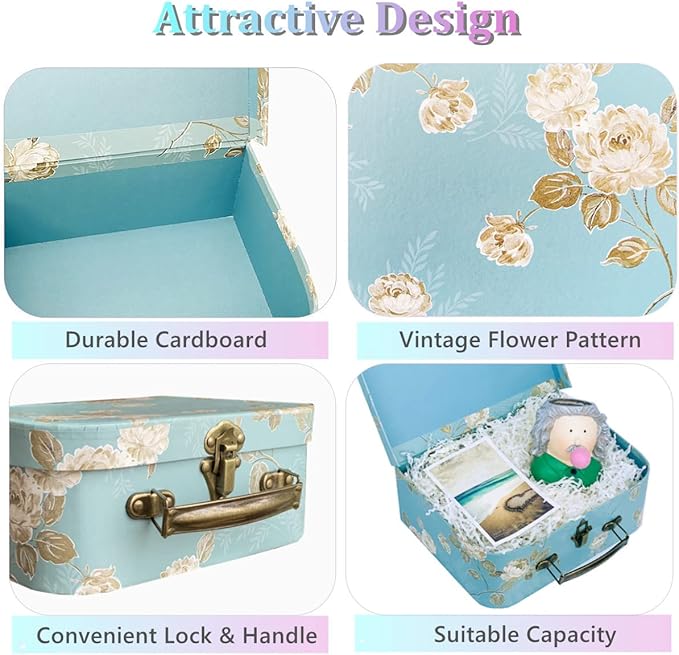 Decorative Box Set - 3 Storage Boxes with Lids, Keepsake & Trinket Boxes, Mini Luggage Gift Box, Vintage Suitcases Home Decoration