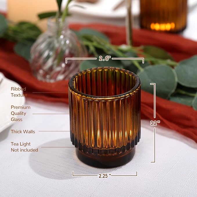 16 Pcs Large Amber Votive Candle Holders, Tealight Ribbed Candle Holders Glass for Thanksgiving Decorations, Amber Glass Candle Holder, Vintage Boho Christmas Table Decorations,