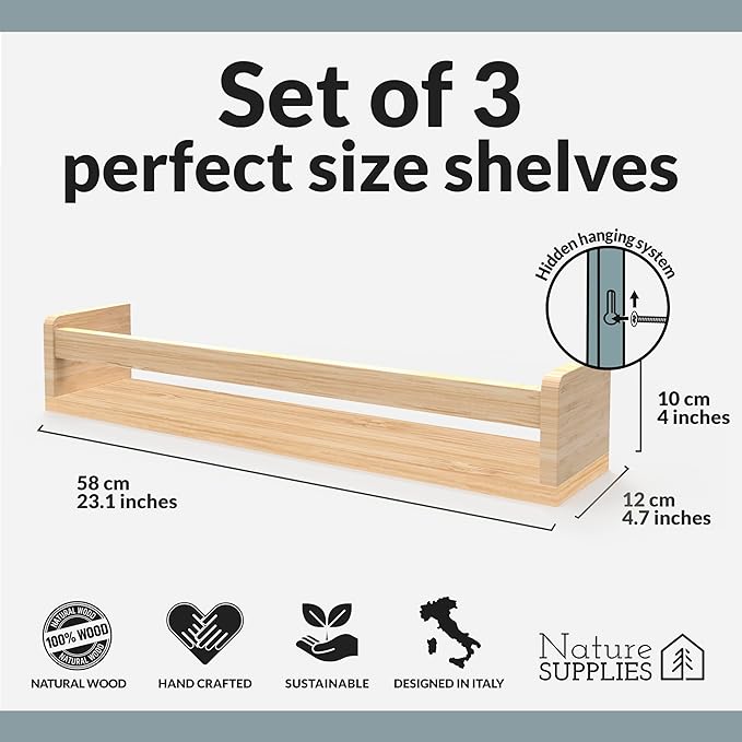 NATURE SUPPLIES Set of 3, 23.1 Inches, Natural Wood Floating Shelves for Wall, Kids Bookshelf for Bedroom, Nursery Storage, Decorative Wall Shelves for Kids Rooms