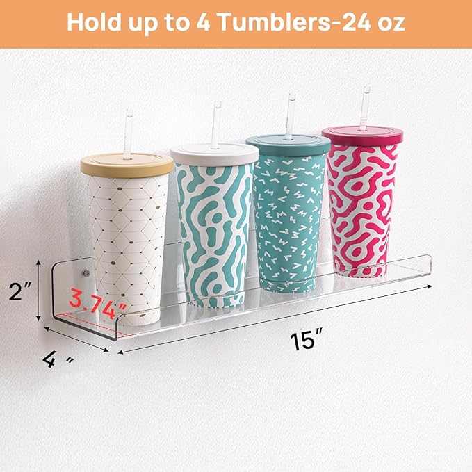 Acrylic Shelves for Bathroom Storage, 15" Floating Shelves Wall Organizer for Perfume, Make up, Skincare, Kids Bookshelf for Bedroom, Nursery, Living Room Decor, Clear 2 Pack