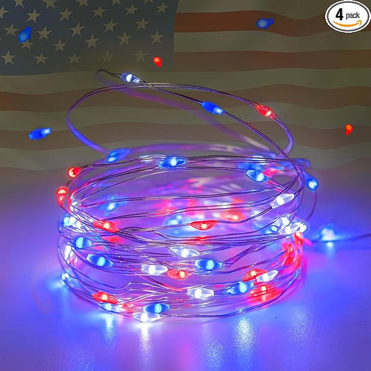 4th of July Decorations, 4 Pack Red White and Blue Fairy Lights Battery Operated with Timer, Waterproof 16FT 50 LED Starry String Lights for Independence Day 250th Anniversary Memorial Day Home Decor