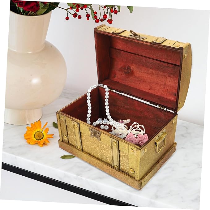 VALICLUD Vintage Wooden Pirate Treasure Chest Small with Metal Lock Elegant Jewelry and Keepsake Storage Box for Collectibles Gifts and Makeup Organizer Classic Design for Women and Party