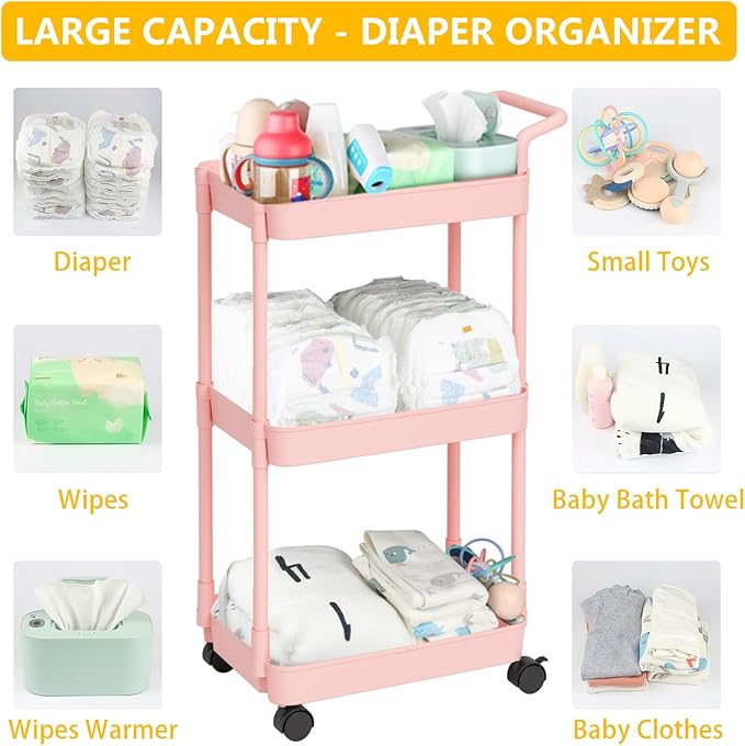 Volnamal Diaper Caddy - Plastic Diaper Organizer for Nursery Essentials, Baby Organizers and Storage, Movable Cart for Changing Table & Crib, Baby Registry Search, Pink