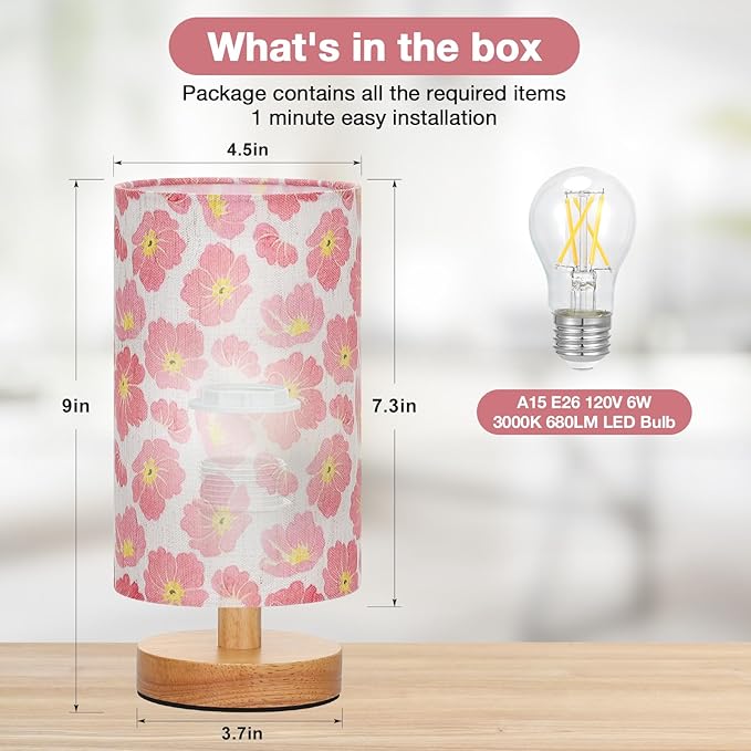 Fenmzee Cherry Table Lamp for Bedroom - Inline Control, Small Bedside Lamp with 3000K A15 LED Blub, Easy Assembly (Cherry Cream Shade, 9" Inline Control)