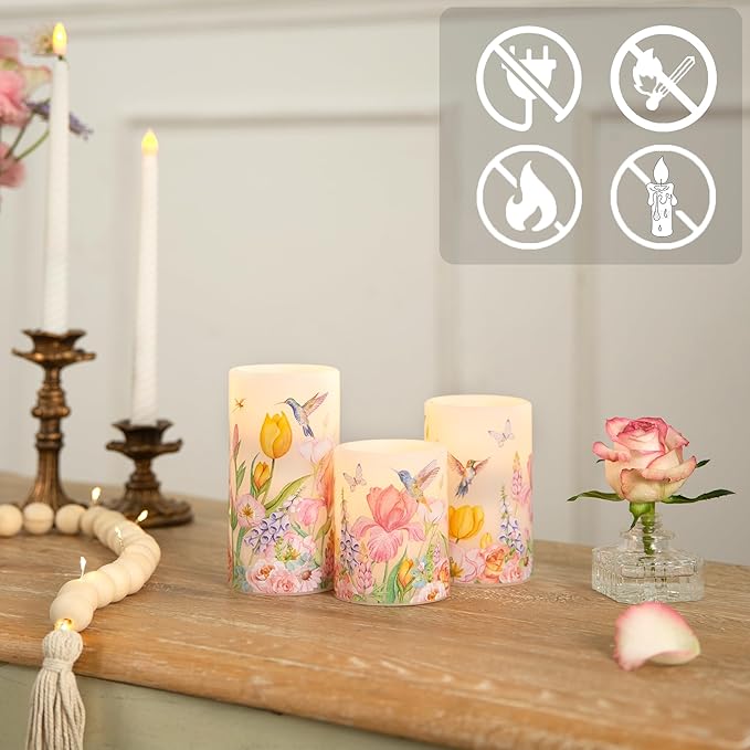LUSHARBOR Flameless Candles with Remote, Battery Operated Candles Real Wax Hummingbird Flickering LED Candles Floral Christmas Decor Electric Pillar Candles Set of 3