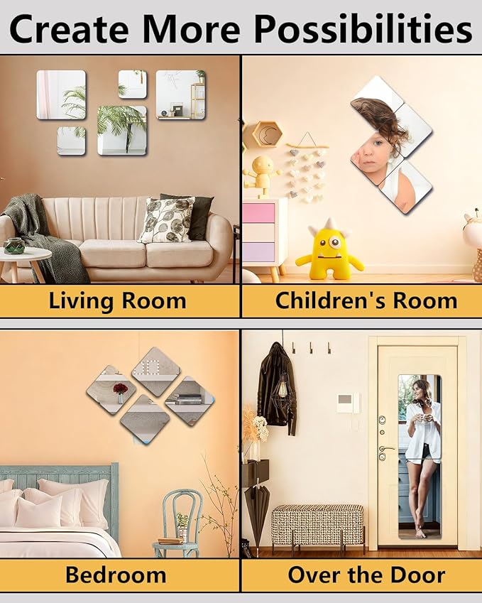 Shatterproof Wall Mirror Full Length for Bedroom, Acrylic Gym Mirrors For Home, Extra Thick: 0.12 inch, 12 x 12 inch x 4 Pcs, Workout Mirrors Safe for Kids, Over The Door, Long Wall Mounted