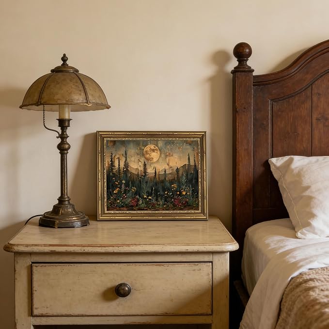 Gold Framed Wall Art Vintage Nature Forest Wall Art Full Moon Forest Landscape Wall Decor Picture Rustic Dark Wildflower Field Poster Print for Bedroom Living Room 9x11in