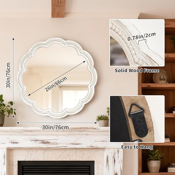 30 Inch Round Wall Mirror, Whitewashed Wooden Frame with Scalloped Edge & Beaded Trim, Decorative Farmhouse Boho Mirror for Bedroom, Bathroom, Living Room, Entryway