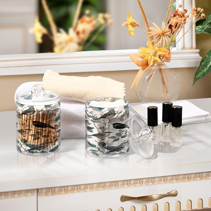 2 Pack Apothecary Jars Blue Birds Branch Design Bathroom Vanity Storage Organizer Set,Small Clear Plastic Storage Jars Bathroom Canister for Cotton Swabs, Rounds, Balls, Qtips,Makeup Sponges, F
