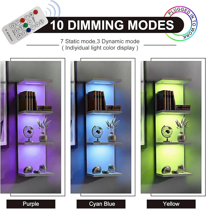 VIWODS 4-Tier Wall Shelf Unit with RGB Lights, Floating Lack Shelf for Home Decor, Wall Mounted Vertical Display Shelf for Bedroom Living Room Vanity, White