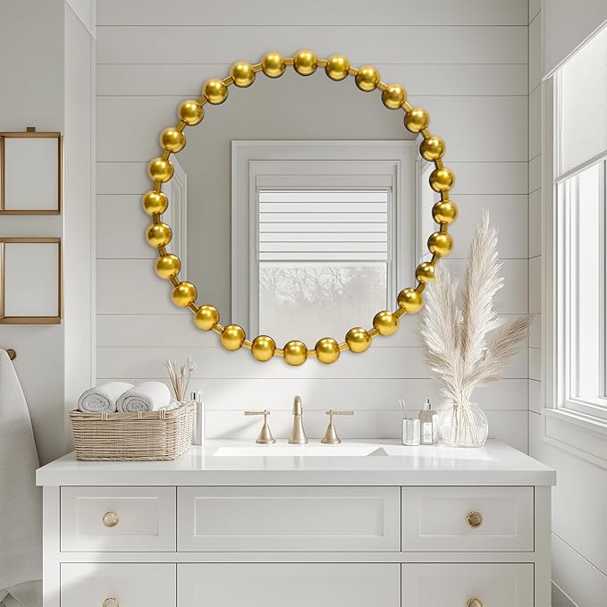 Round Gold Mirror 24'', Spherical Frame Vintage Beaded Mirror for Wall Decor Large Circle Mirror for Bathroom, Dining Roon, Bed Room, Entryway