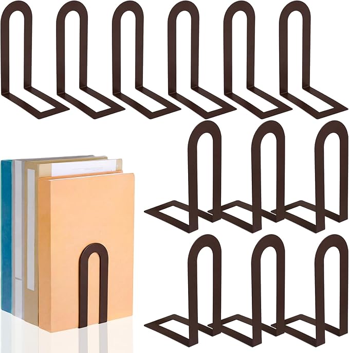 Chunful 12 Pcs Modern Metal Book Ends for Shelves Decorative Small Bookends Book Shelf Organizer Minimalist Design Stopper to Hold Books for Home Office (Bronze,5.5 * 3.75 * 2.25inch)