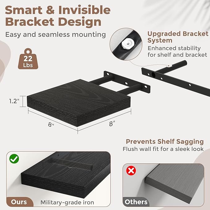 8 Inch Floating Shelves for Wall with Invisible Brackets Set of 3, 8"D Engineered Wood Wall Shelves with Wood Grain for Living Room, Bedroom, Bathroom, Kitchen Decor and Storage, Black Finish