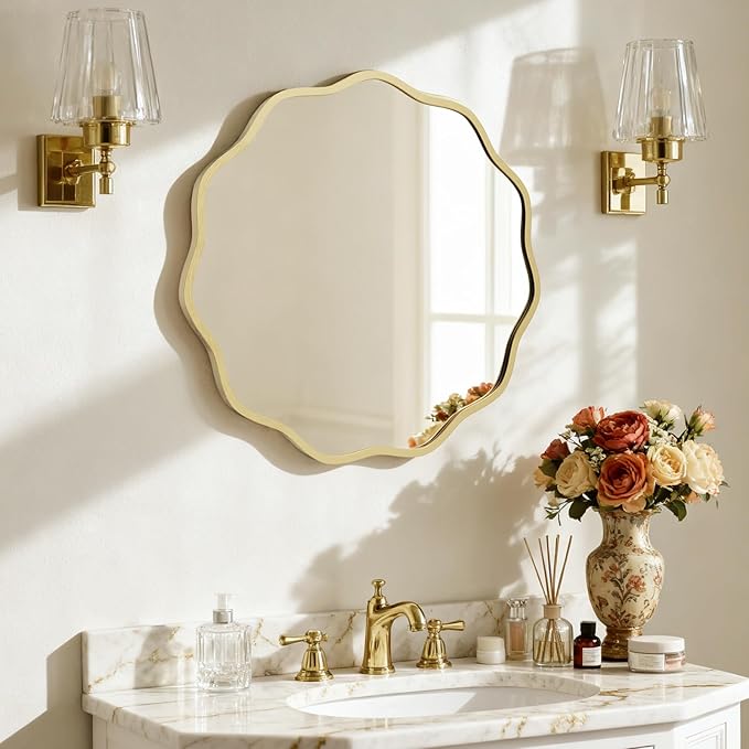 HOMECOOKIN 24 Inch Wavy Round Wall Mirror, Round Wavy Wall Mirror with Aluminum Frame for Bathroom Upgrades, Hotels, Dressing Tables,Farmhouses