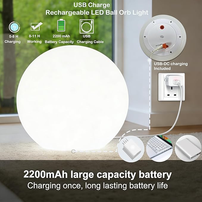 16 Inch Ultra-Fun LED Ball Light, Rechargeable Globe Floor Lamp w/Remote, 16 RGB Color Changing LED Glowing Orb Light, Waterproof Outdoor Ambiance Lighting, Pool Party Garden Patio Decor
