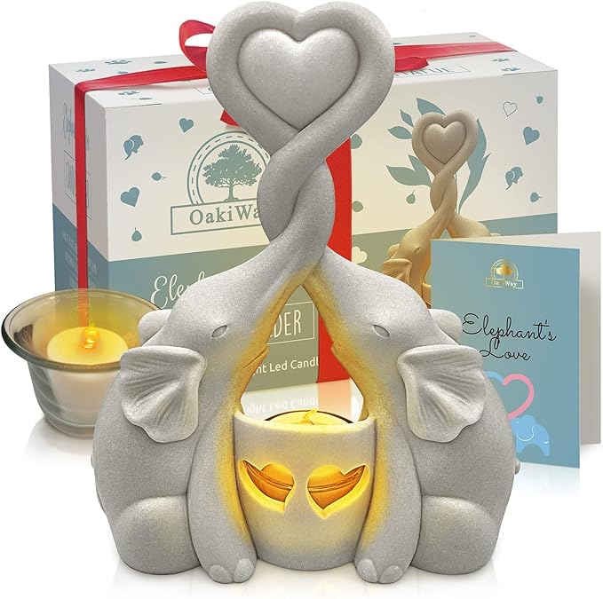 Elephant Love Candle Holder Statue - Elegant Gift Home Decor for Women Living Room or Bedroom - Flickering LED Candle Included - Ivory 14th Anniversary, Couples, Parents Valentine's Present