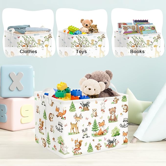 Clastyle Adorable Forest Animal Kids Book Storage Basket Fox Giraffe Clothes Laundry Basket Parents Gift Toy Box for Bedroom Shower, Pine Tree, 40x30x30 cm