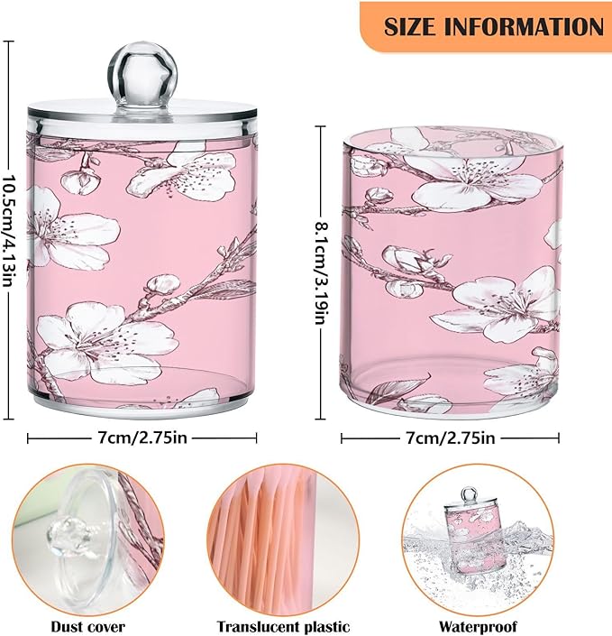Nander 2Pack Beautiful Cherry Blossoms Qtip Holder Dispenser -Clear Plastic Apothecary Jars Set - Restroom Bathroom Makeup Organizers Containers for Cotton Swab, Ball, Pads, Floss