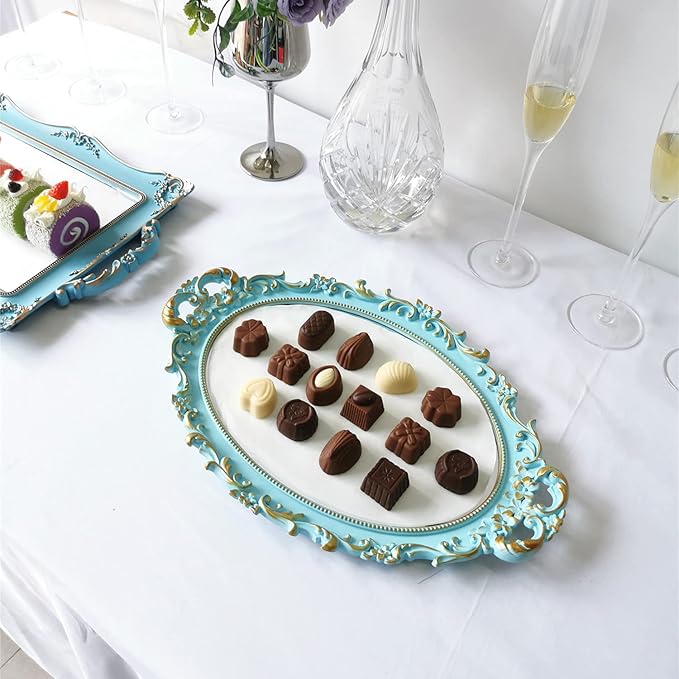 Oval Decorative Mirror Tray, French Style Flower Frame, Makeup Organizer, Jewelry Organizer, Serving Tray, 9.8"x 14.6", Golden Blue
