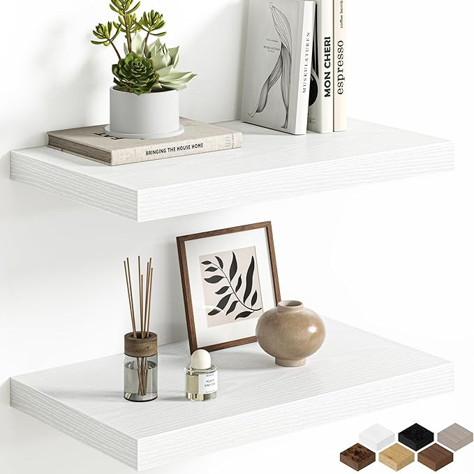 Floating Shelves Set of 2, 12 Inch Deep Floating Shelves with Heavy Duty Brackets, 20'' Rustic White Wood Wall Mounted Shelf for Bathroom, Bedroom, Living Room & Kitchen, Modern Home Decor Storage