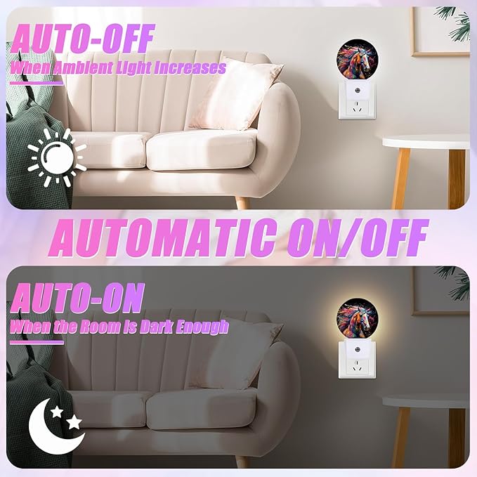 Colorful Horse Night Light Night Lights LED Lamp Round Plug into Wall Nightlight with Dusk to Dawn Sensor Home Hallway Stairway Kitchen Decor