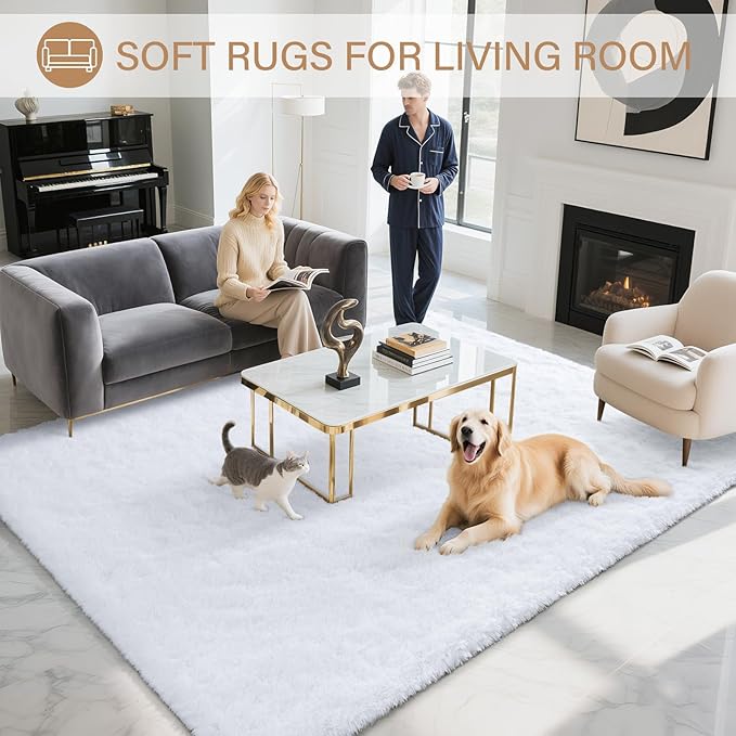 BENRON Fluffy Rugs for Living Room 5x8 White, Washable Large Area Rugs for Bedroom Dining Table Office Kids Nursery Room, Washable Indoor Floor Carpets