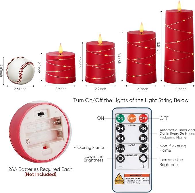 Raycare Flameless Candles with Remote Timer, Flickering Battery Operated LED Pillar Fake Candle with String Lights for Home Decor, Christmas, Wedding and Gift, Red, Set of 5