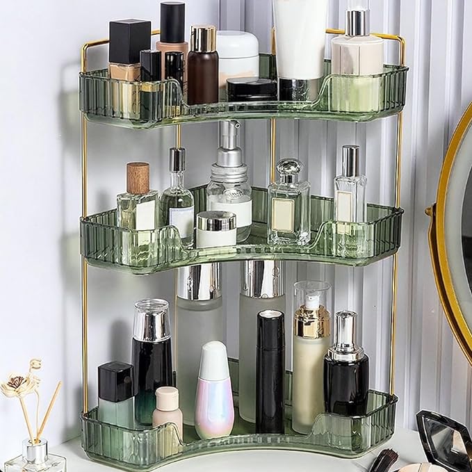Multi-Tier Corner Countertop Organizer Rack, Makeup Organizer Countertop, Bathroom Counter Organizer, for Skincare and Cosmetics, Ideal Vanity Gift (Transparent Green, 3-Tier)
