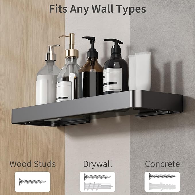 Danpoo 16-Inch Wall Shelf, Clear Tempered Glass with Matte Black Aluminum Frame – Sleek Floating Bathroom Organizer