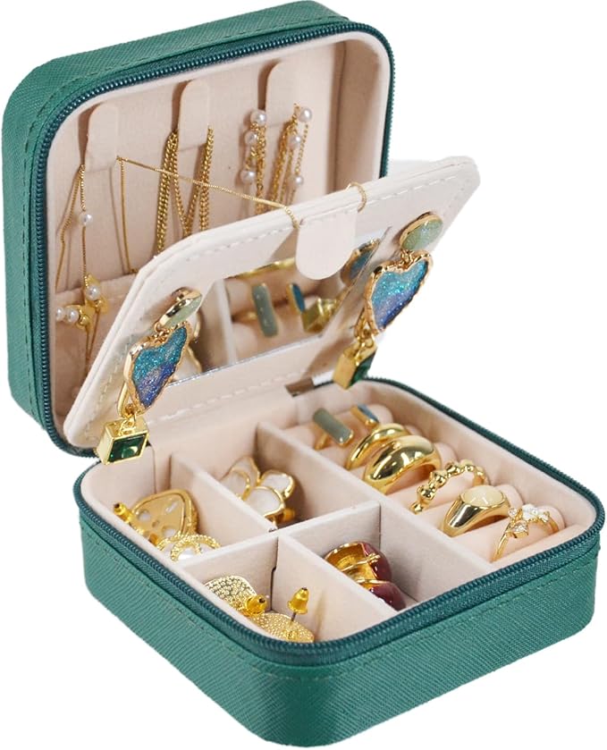 OceeK Travel Jewelry Case Box with Mirror,Travel Jewelry Box Organizer Holder Stocking Stuffers,Green,1 Pack
