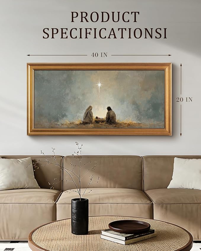 Bzstyleart Vintage Wall Art Decor for Living Room, Large Framed Jesus Wall Art Canvas, Christian Pictures Home Decor Aesthetic, Rejious Christian Artwork Painting, Star of Bethlehem, 20 x 40 Inch