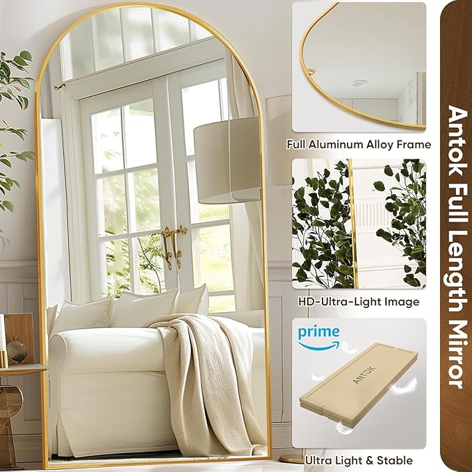 Antok Arched Full Length Mirror, 81"x41" Gold Metal Frame Floor Mirror for Bedroom Living Room, Freestanding/Wall Mount/Leaning