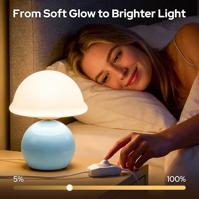 Mushroom Table Lamp for Bedroom, Cozy Bedside Lamp with Glass Shade, Stepless Dimmable Nightstand Lamp for Relaxing Bedroom Decor & Aesthetic Home (Blue)