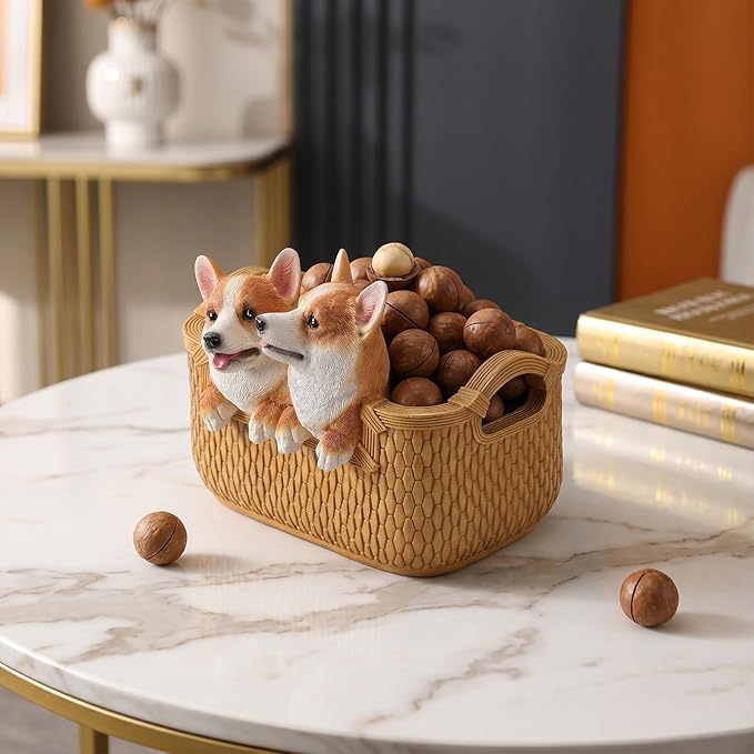 Dog Resin Storage Basket, Desktop Organizer for Remote & Keys, Cute Home Decor Tray, Ideal present for Pet Lovers.(Two corgis)