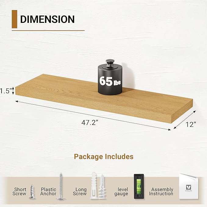 Vivelove 12 Inch Deep Floating Shelves 47.2 inch Long, Thick Wall Shelves with Wood Grain Texture, Shelf for Bedroom Bathroom Living Room Kitchen Office, Rustic Farmhouse Decor, Set of 2, Oak