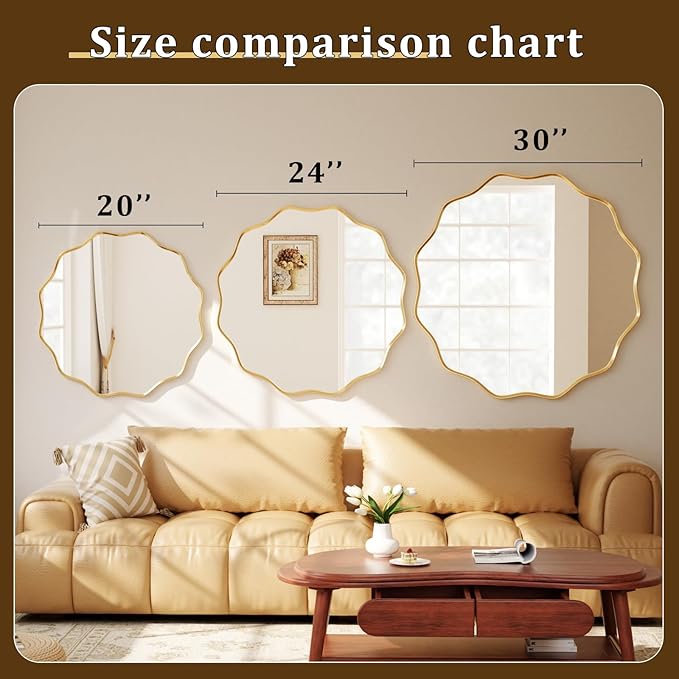 30 Inch Scalloped Round Wall Mirror, Gold Wavy Edge Frame Circle Mirror for Bathroom, Bedroom, Entryway, Living Room for Wall Decor