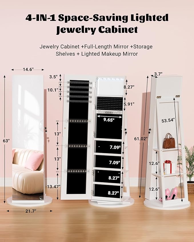 6 LEDs Jewelry Cabinet Standing Lockable with Rotatable Full-Length Mirror, 360° Swivel Jewelry Armoire with Jewelry Storage, 3 Rear Shelves, Jewelry Organizer for Best Gift, White