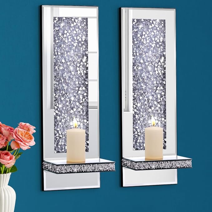 Aeveco Crystal Crush Diamond Mirrored Candle Sconces, Silver Wall Candle holder set of 2, Wall decorations for Living Room，Dining Room (Rectangle (style 4))