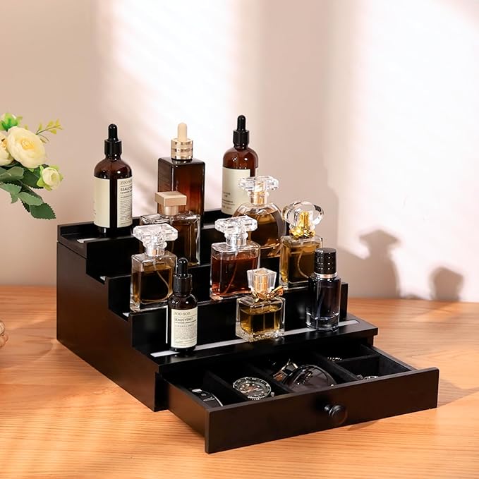LED-Lighted Cologne Organizer for Men: Multi Lighting Modes Perfume Organizer with APP & Remote Control,4 Tier Wood Perfume Stand with Drawer and Hidden Compartment,Display Riser Shelf-Gift for Men