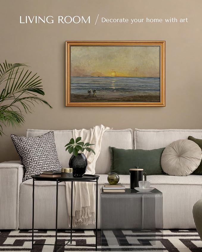 HUARCEY Gold Framed Vintage Wall Art for Living Room, Landscape Painting Prints Shelf Decor for Kitchen, Aesthetic Bedroom Wall Art, Best Gifts for Friends or Family - Ocean Sunrise 24L x 16W