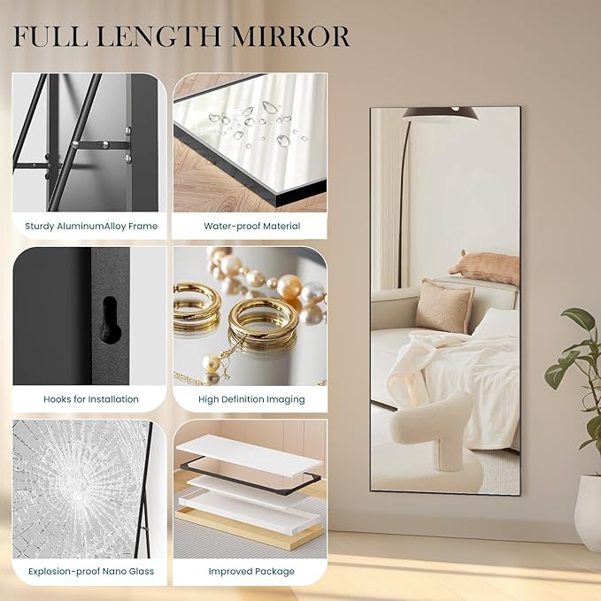 NEWBULIG Full Length Mirror, Full Body Floor Mirror with Aluminum Alloy Thin Frame, Wall or Standing Mirror for Bedroom, Living Room, Dressing Room