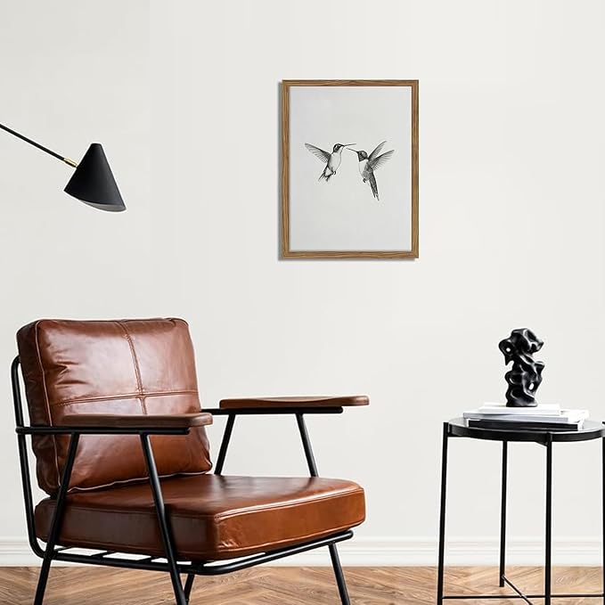 Vintage Wall Art Framed Hummingbird Canvas Print, Modern Farmhouse Birds Wall Decor, Living Room Sketch Painting Picture, Minimalist Black and White Bird Bedroom Decor – 12x16 inch
